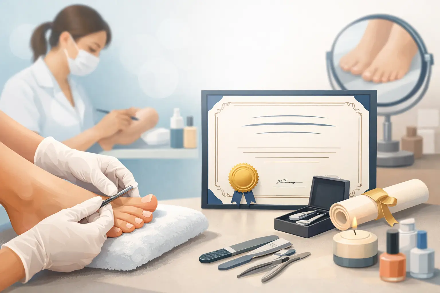 Nail technician filing a client's toenail, with a certificate and manicure tools on the desk in a bright clinic.
