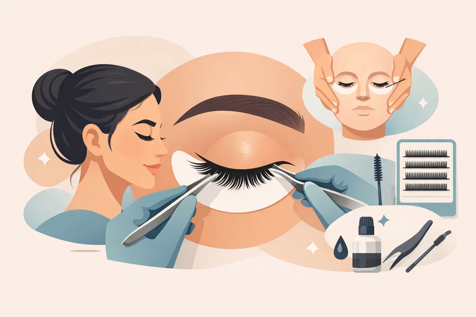Illustration of a beautician applying eyelash extensions to a client’s eye using tweezers, with lash tray and supplies nearby in a soft color scene.