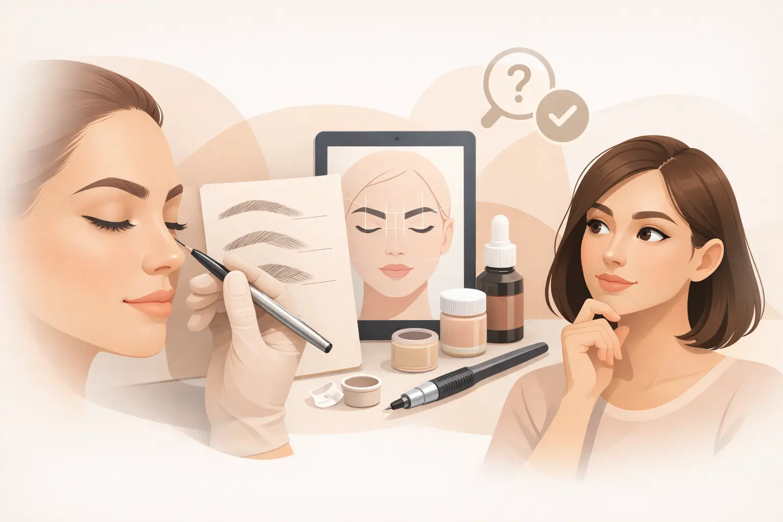 Makeup artist shaping eyebrows for a client with brushes, palette, and cosmetics on a table between them.