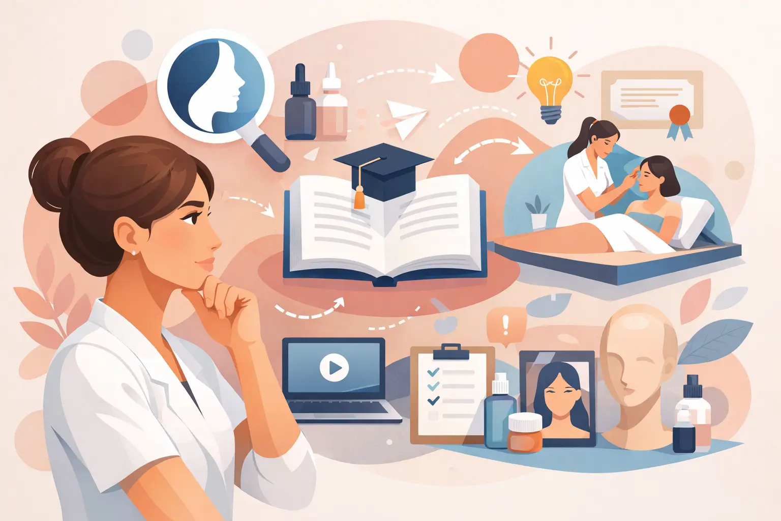A medical professional in a white coat imagines a beauty-education path, with an open textbook, graduation cap, and cosmetic bottles around.
