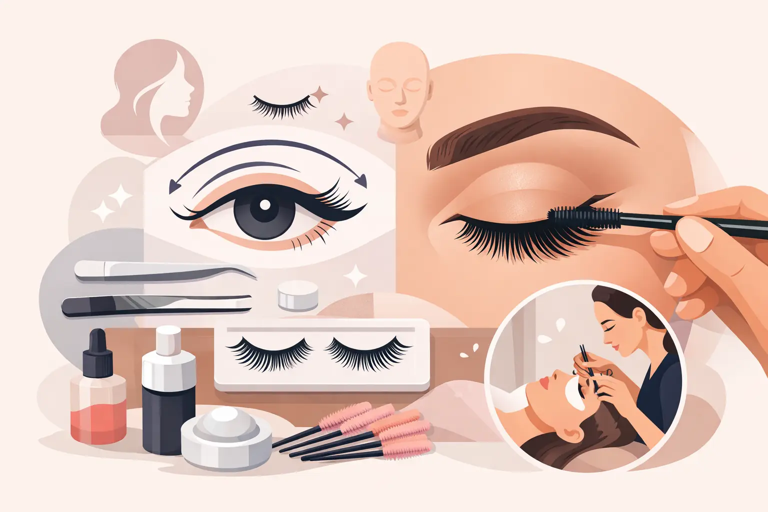 Illustration of eyelash extensions being applied with makeup tools and beauty products arranged around a large eye.