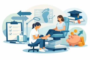 Podiatry clinic scene: a practitioner treats a patient’s foot as medical icons and charts appear in the background, with a piggy bank and coins nearby to hint at costs or savings.