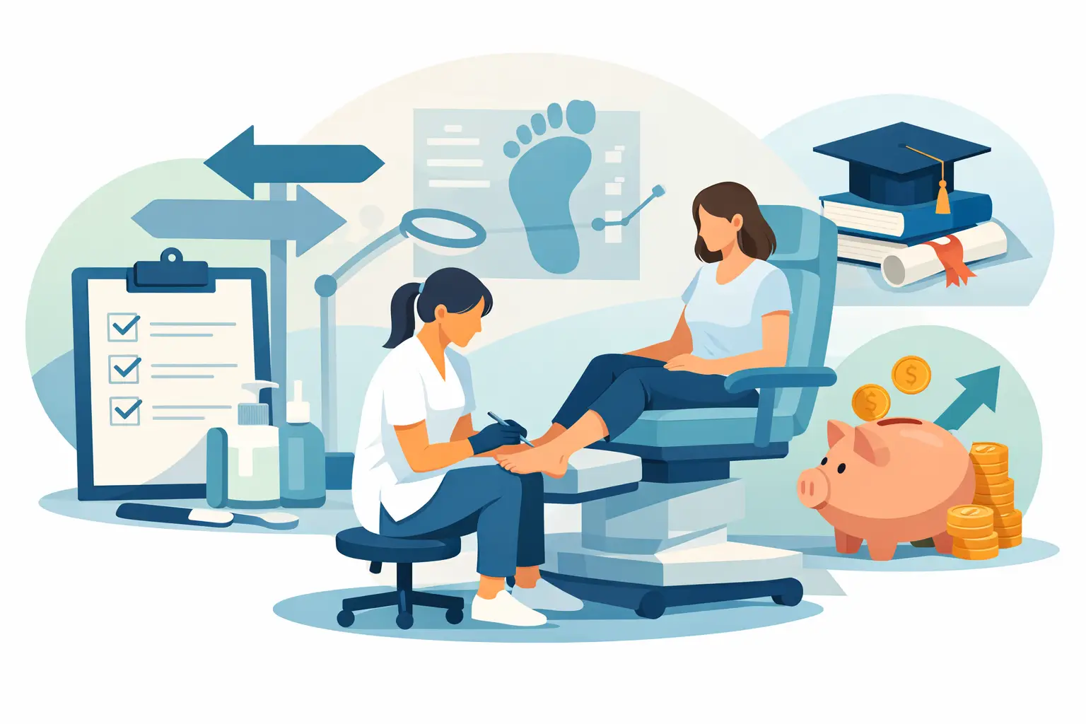 Podiatry clinic scene: a practitioner treats a patient’s foot as medical icons and charts appear in the background, with a piggy bank and coins nearby to hint at costs or savings.